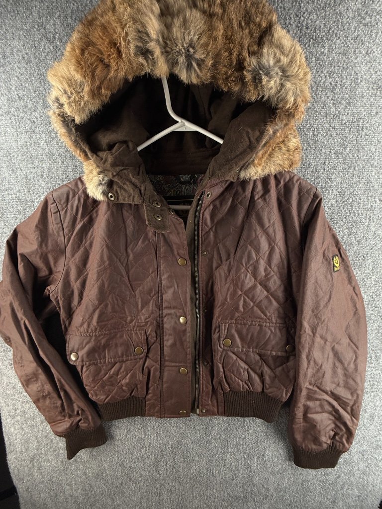 Belstaff Gold Label Waxed Jacket Fur Hood Trim Size 44 Brown Italy Pockets Adult